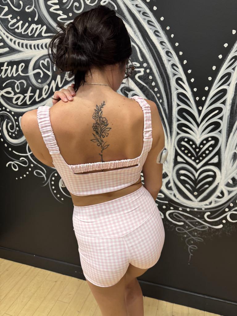 pink gingham print ruched bra top