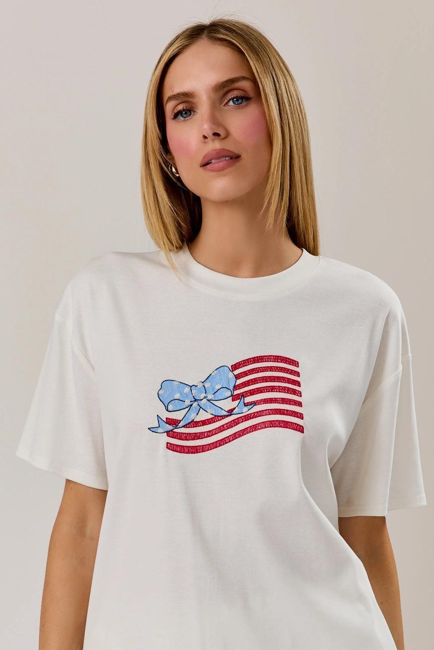 Round Neck USA Flag Graphic Embroidered T-Shirt
