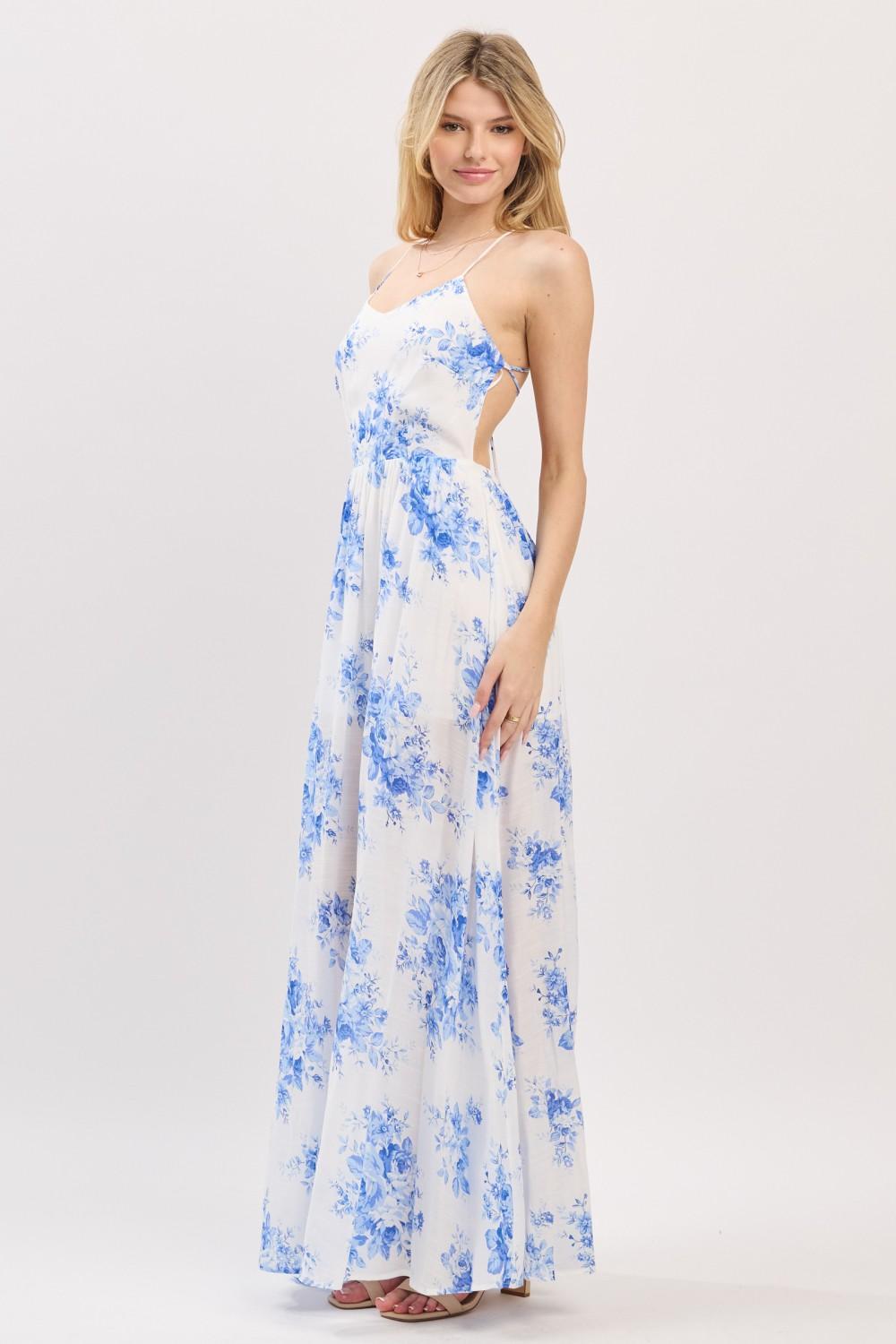 SLEEVELESS BLUE FLOWER PRINT MAXI DRESS