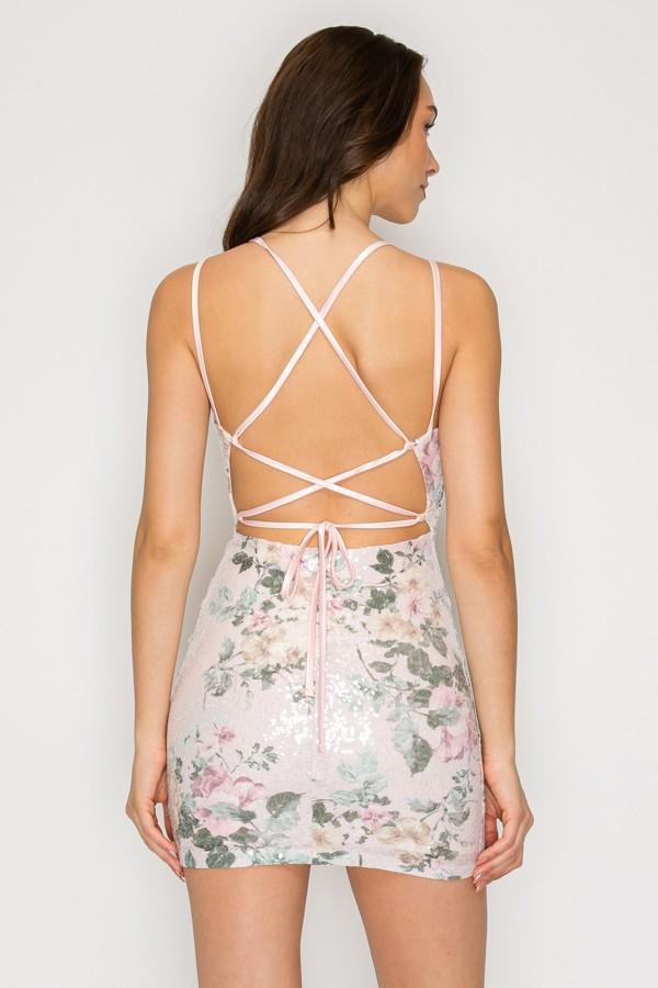 Blush Floral Sequin Crossed Back Mini Dress