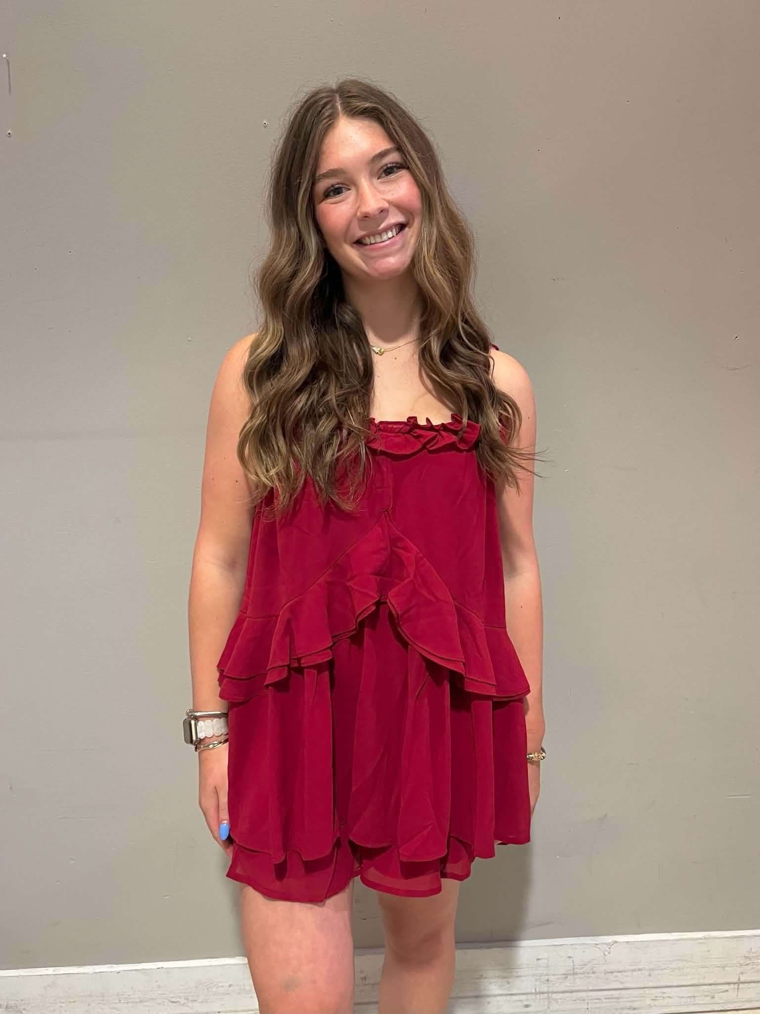 Crimson Ruffle Detail Shoulder Tie Flare Romper