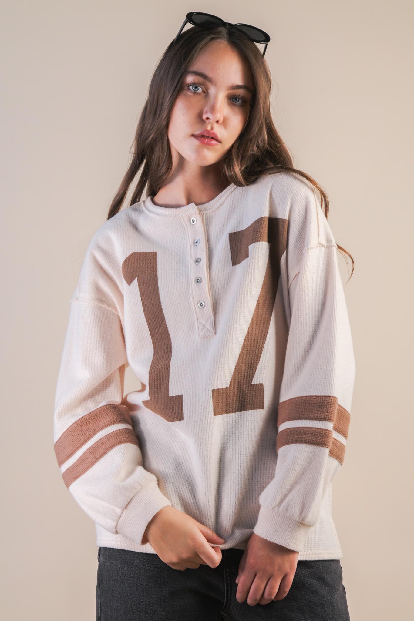 Cream Oversized 17 Print Graphic Knit Top