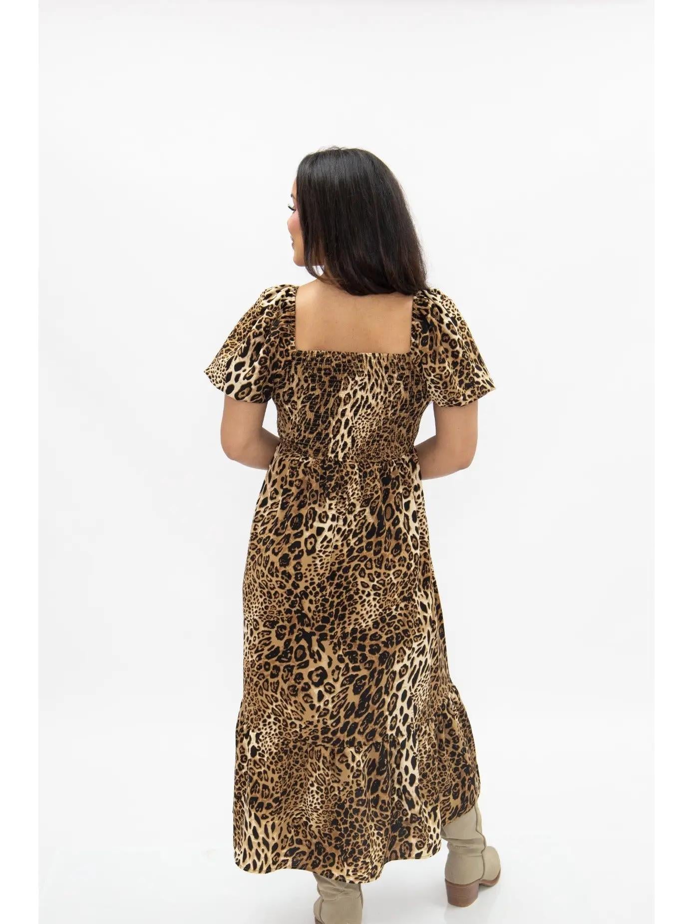 Leopard Puff Sleeve Midi Dress