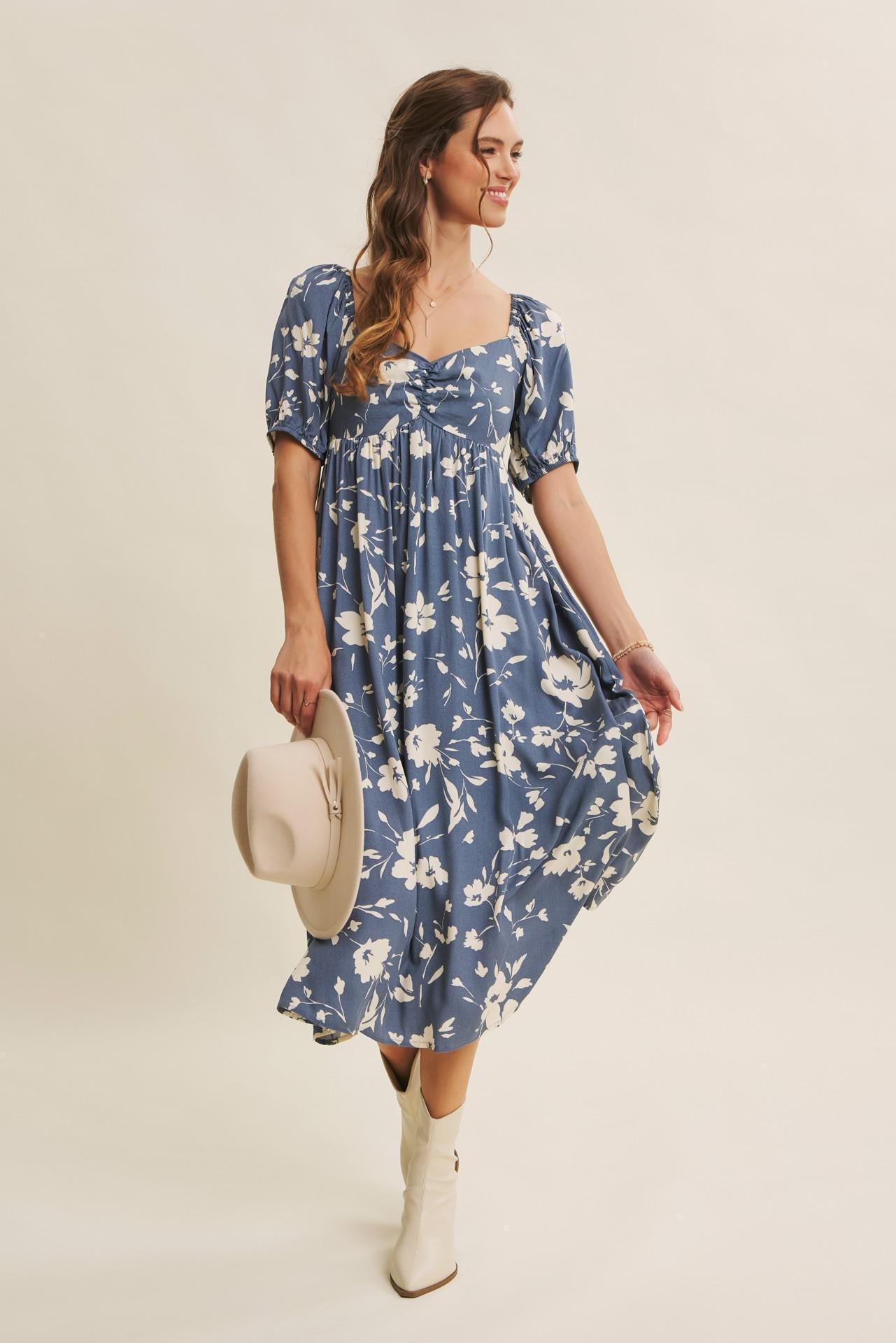 Vintage Denim Flowy Sweetheart Neck Midi Dress