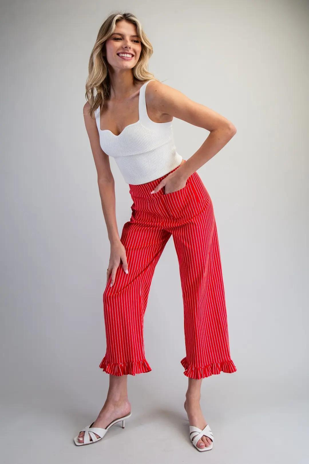 Cherry Red Straight Leg Striped Ruffled Pants