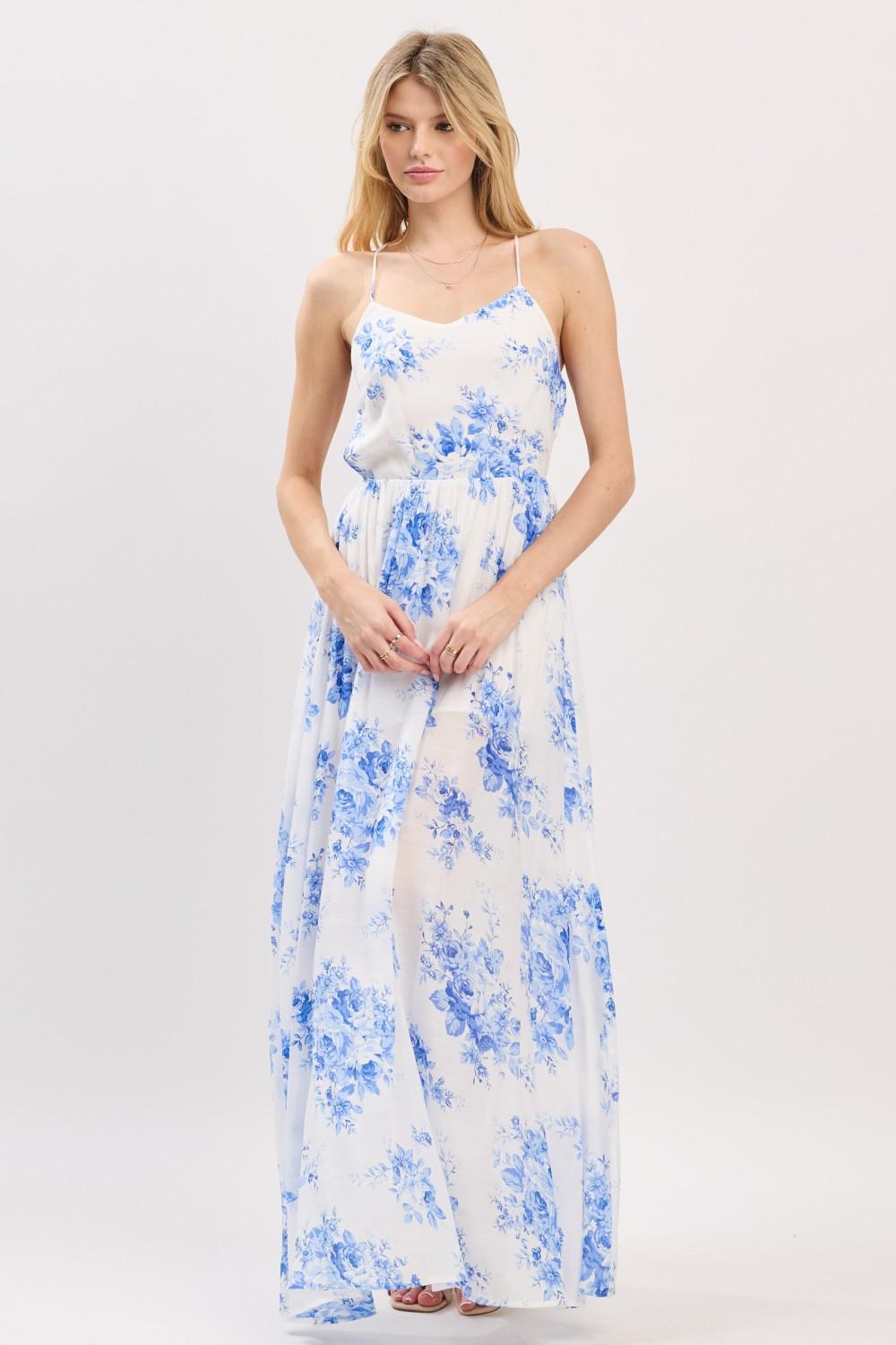 SLEEVELESS BLUE FLOWER PRINT MAXI DRESS