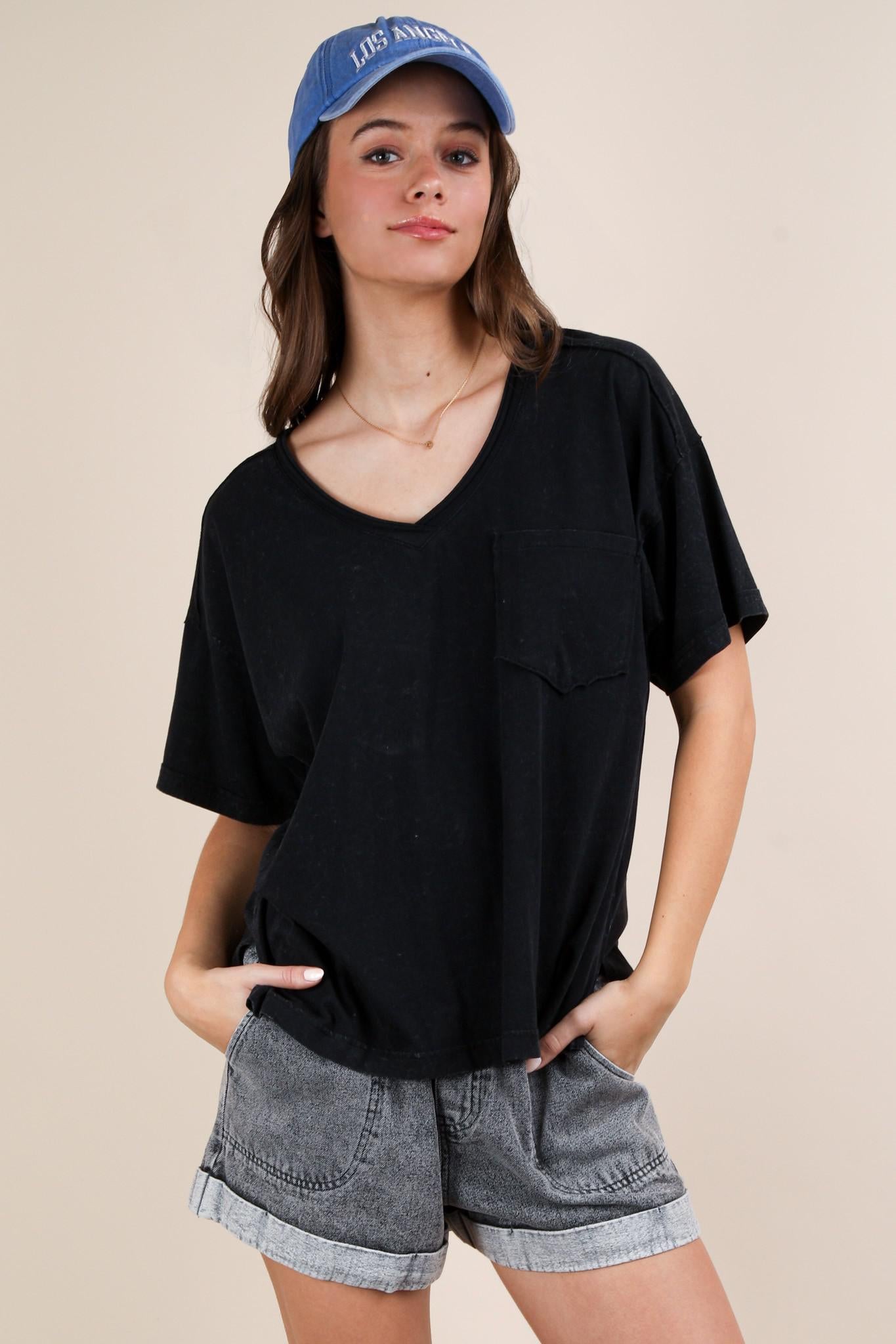 Mineral Washed V-Neck Knit Top