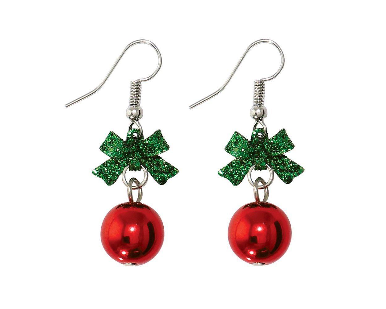 Green Glitter Bow Red Ornament Earrings