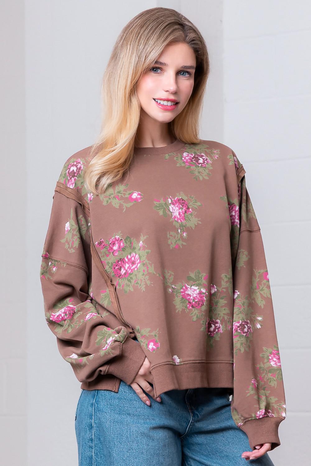 Chestnut Boat Neck Flower Printed Sweatshirt