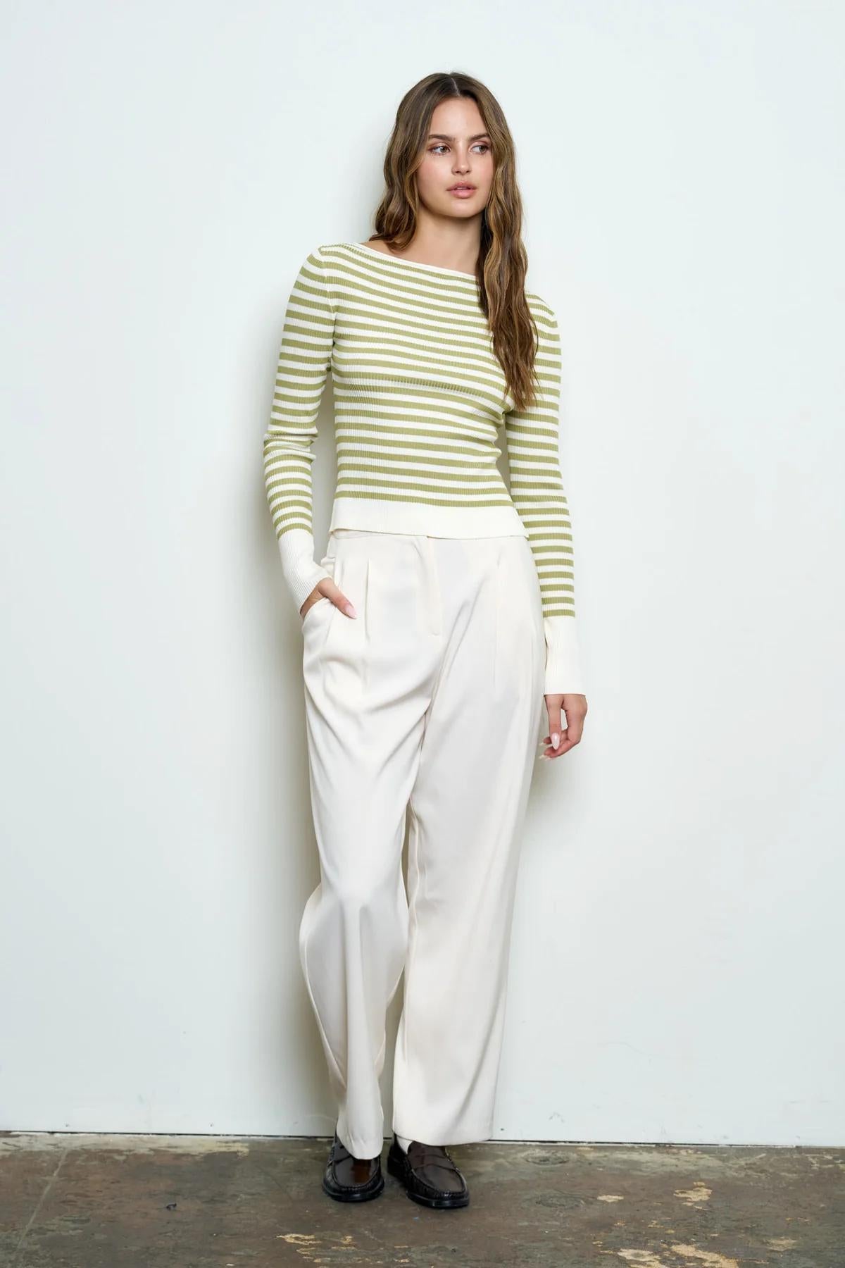 LIOGHT OLIVE BOAT NECK STRIPE RIBBED LONG SLEEVE SWEATER TOP