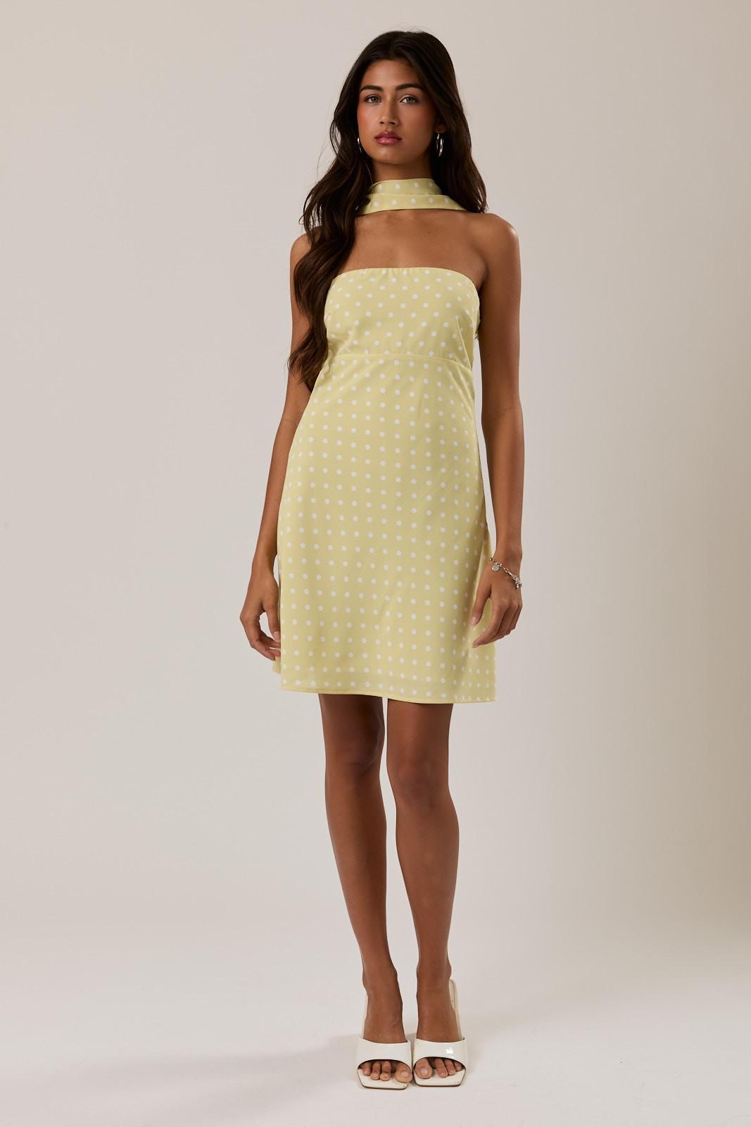 Butter Polka Dot Mini Dress With Attached Scarf
