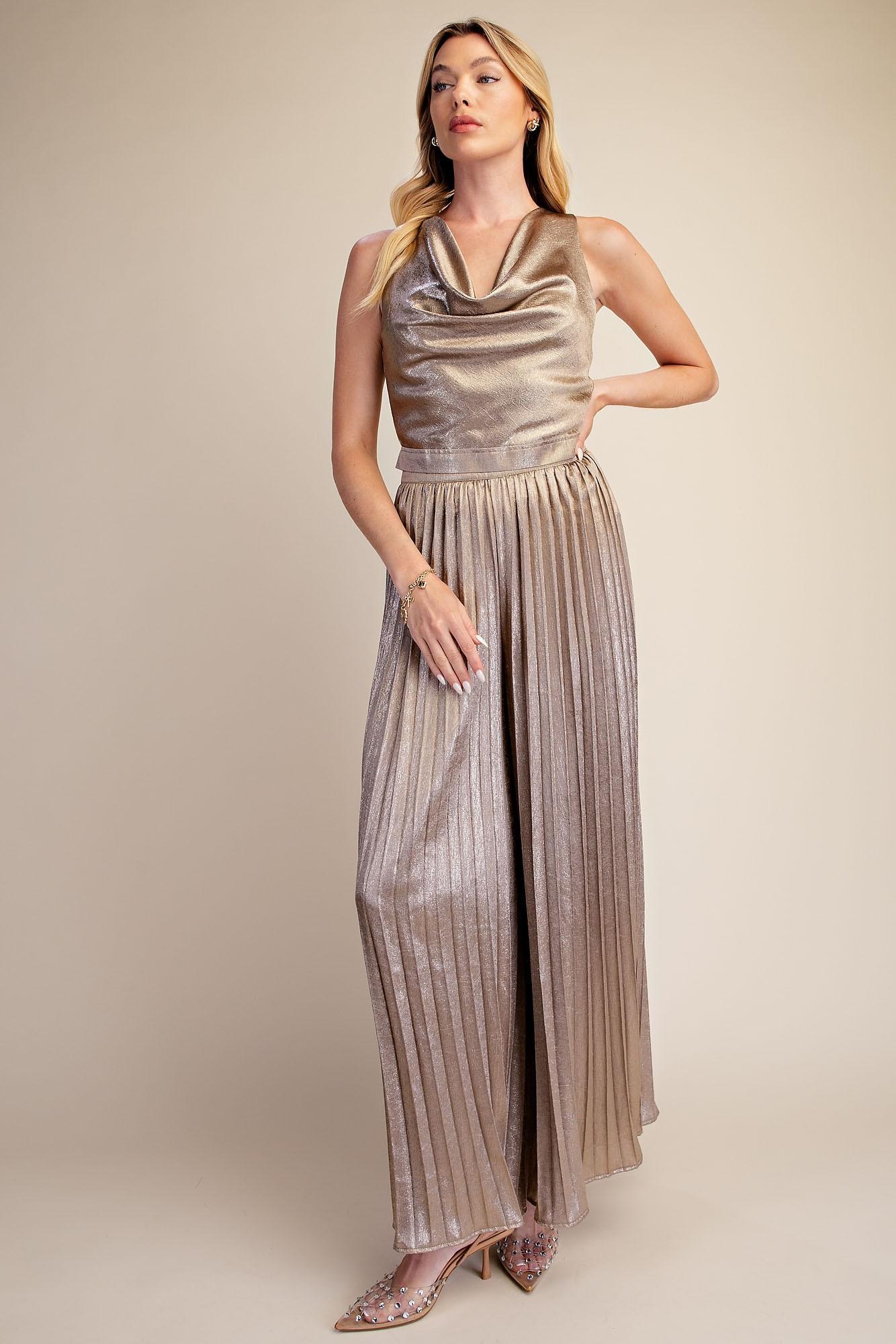 Taupe Cowl Neck Sleeveless Metallic Top