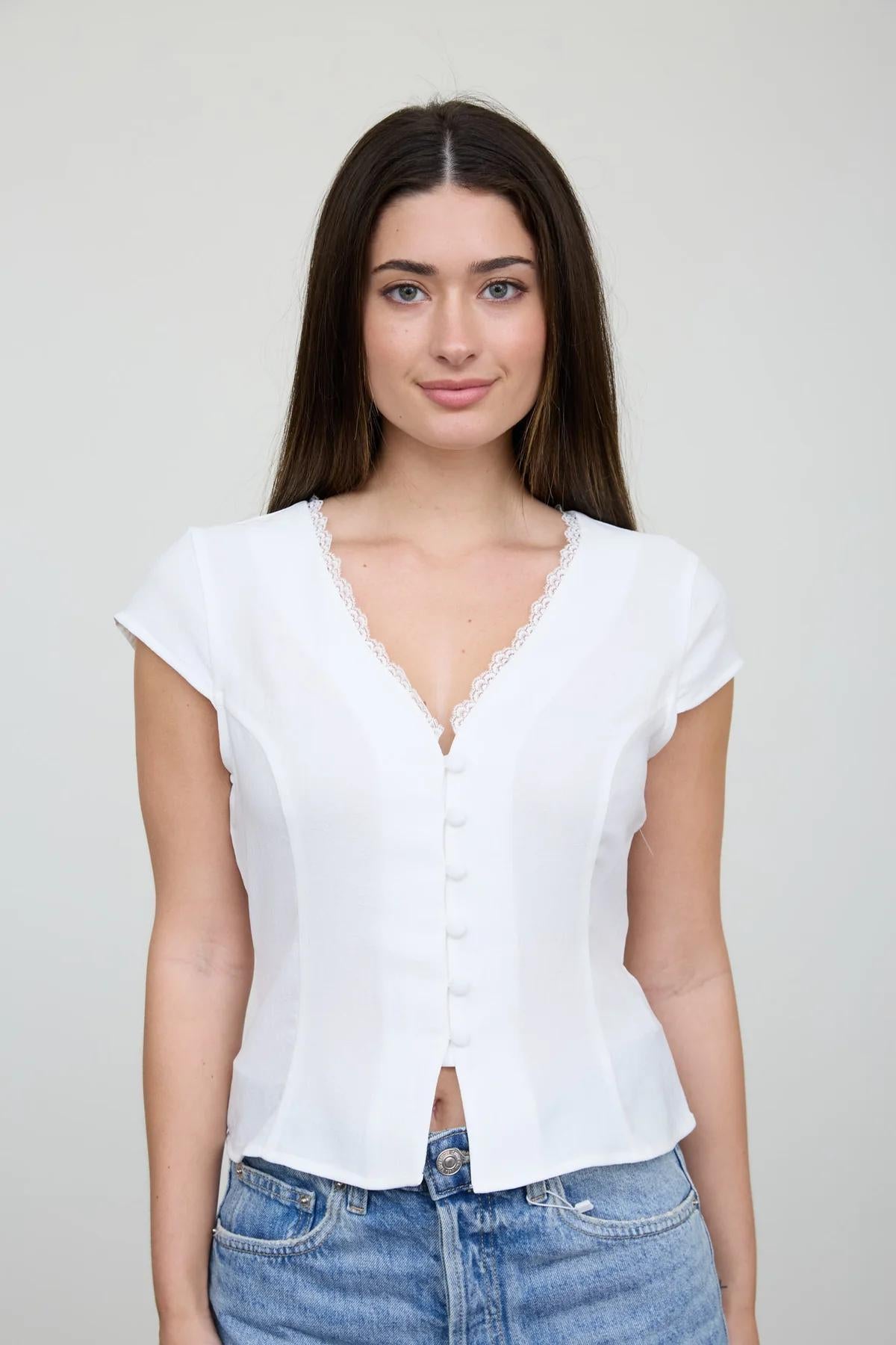 V-NECK LACE TRIM BUTTON DOWN BACK TIE BLOUSE