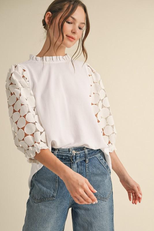 White Dot Textured Lace Sleeves Top