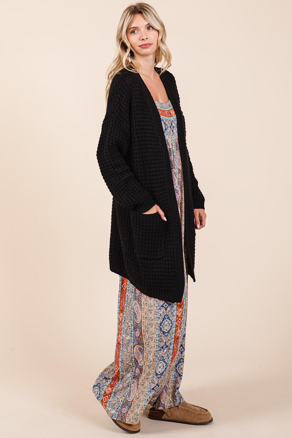 Black Chunky Waffle Knit Midi Cardigan