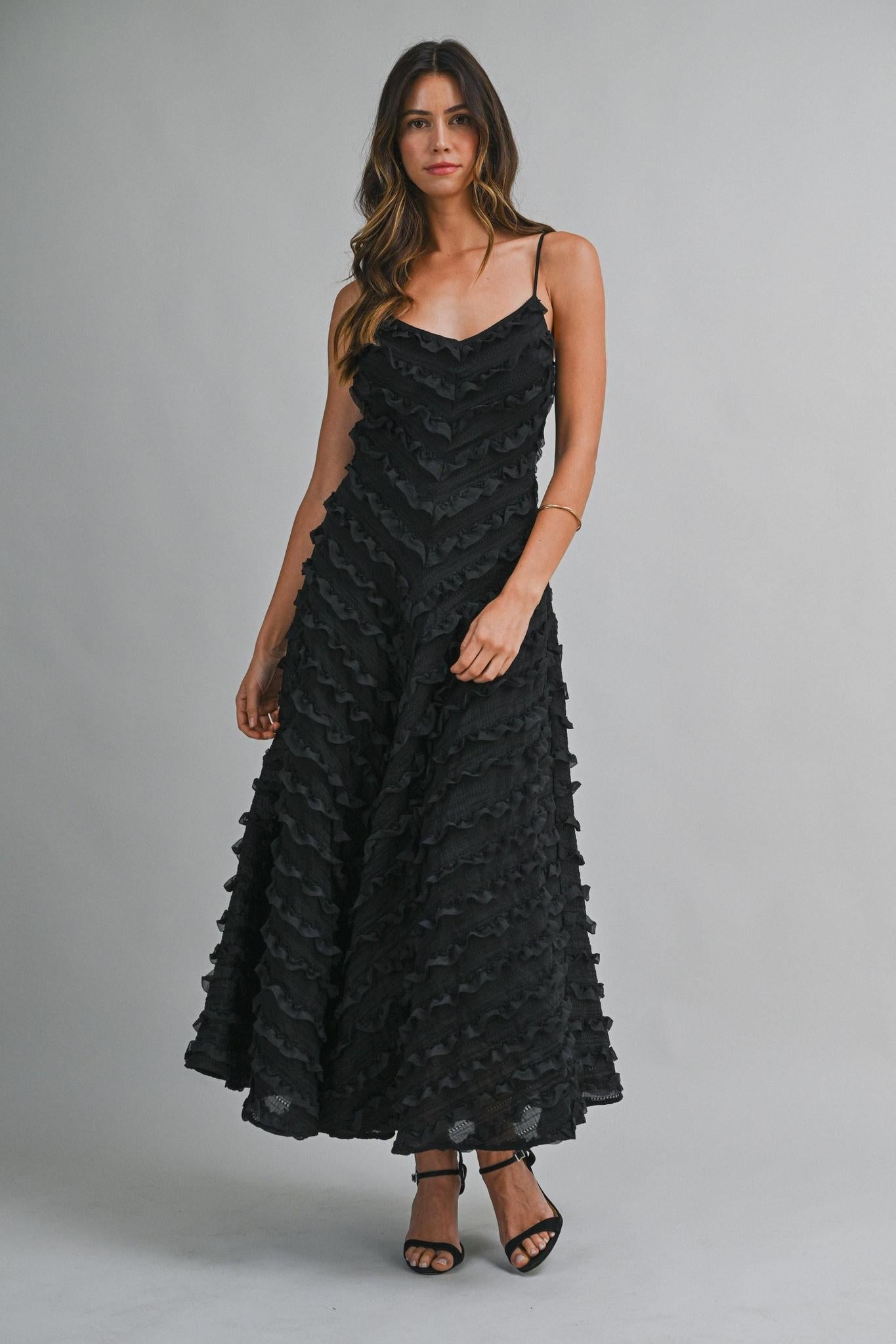 Black Adjustable Spaghetti Strap Chevron Ruffle Detail Midi Dress