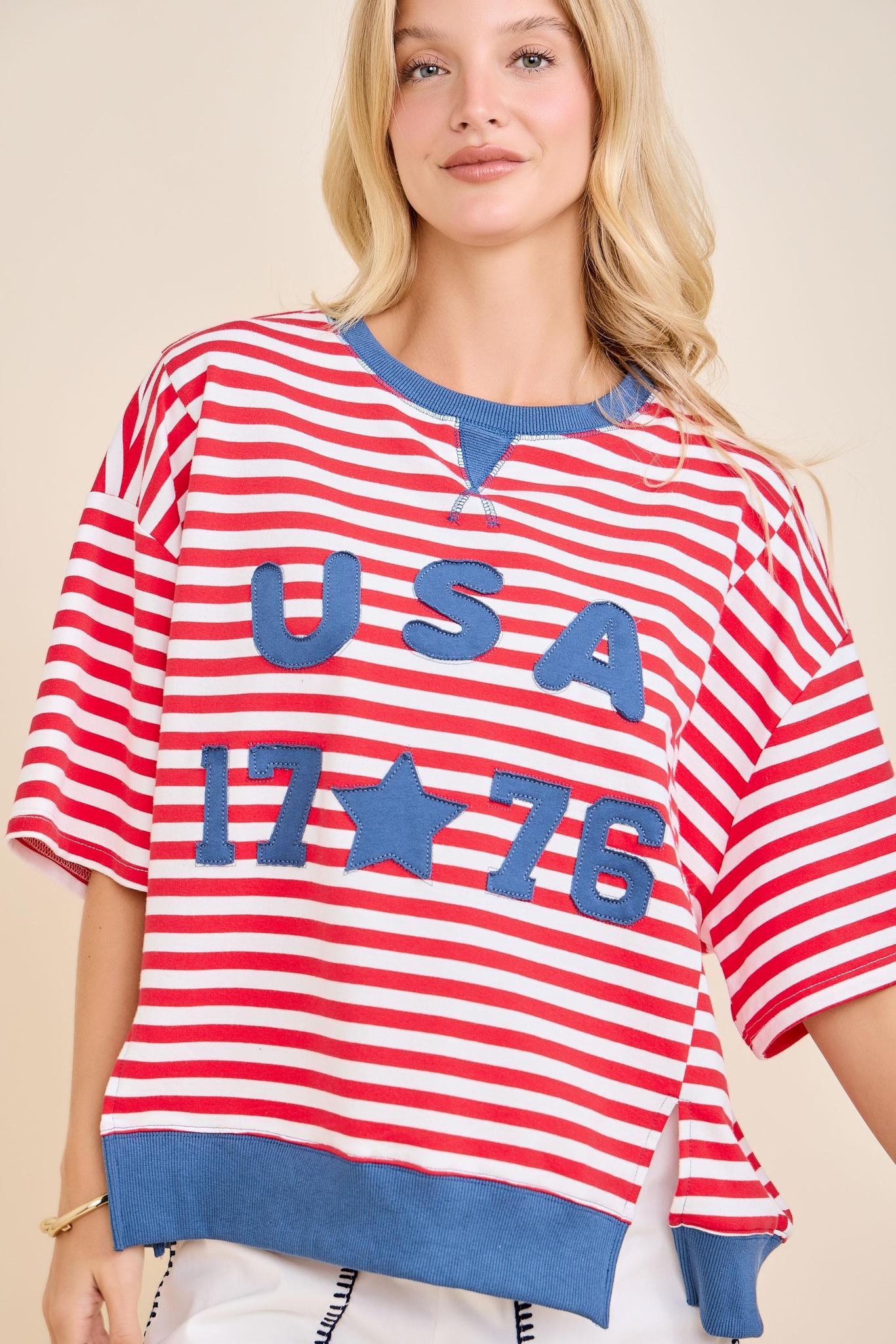 USA Rope Embroidery Striped Top