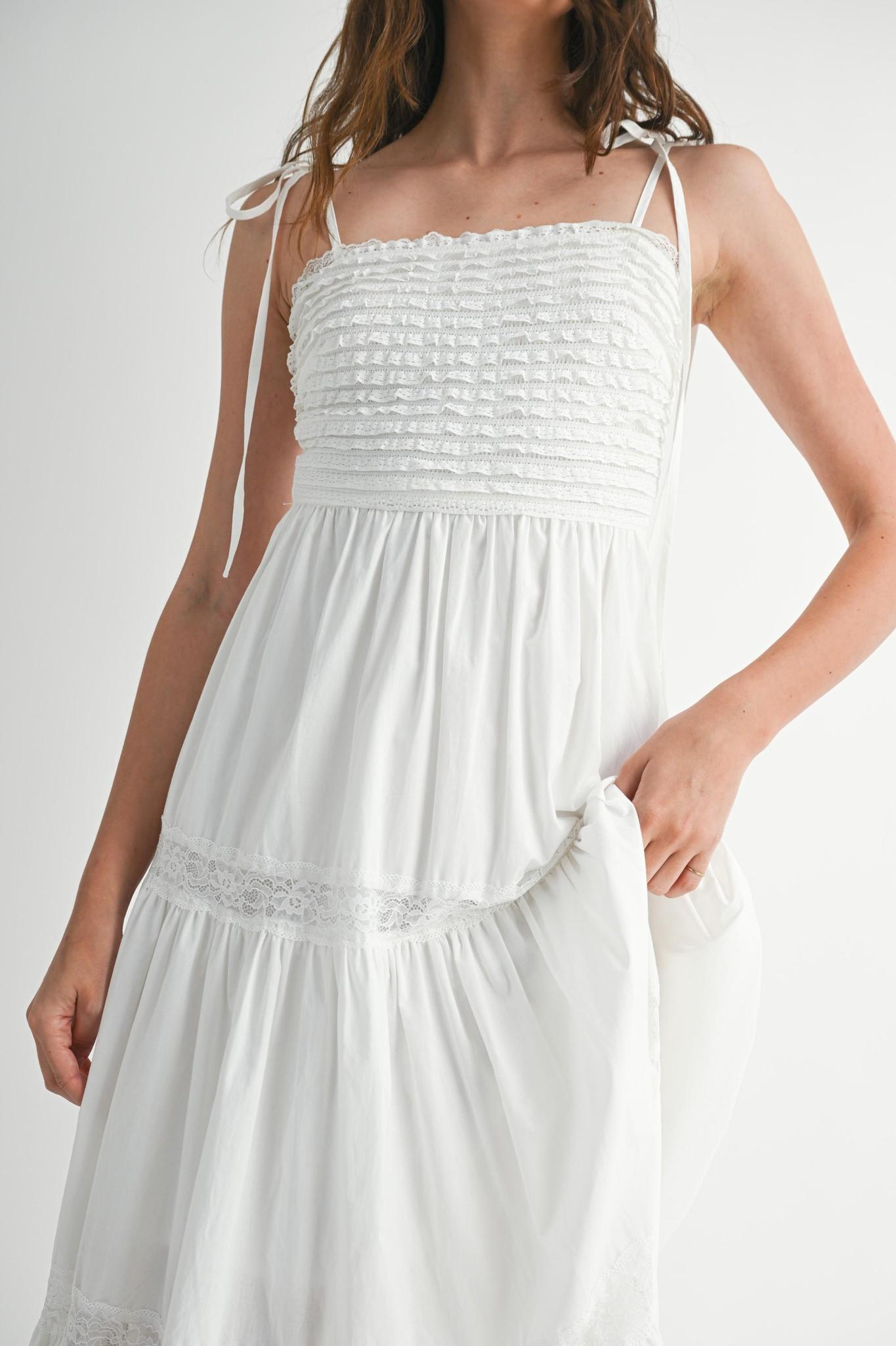 Ruffle Textured Self Tie Lace Trim Midi Dress