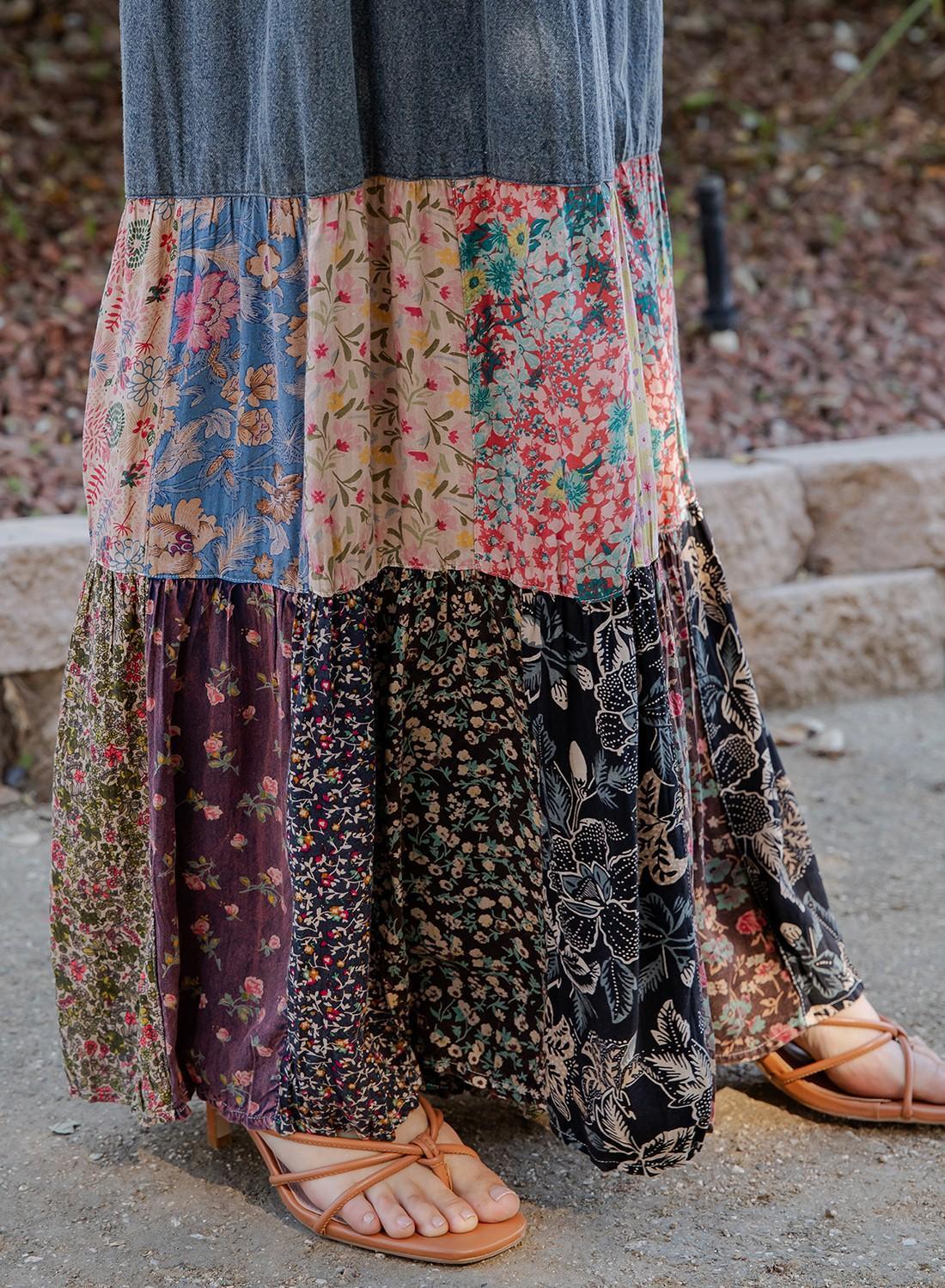 Artisan Flax 4-tier Denim Patchwork Wide Leg Pants