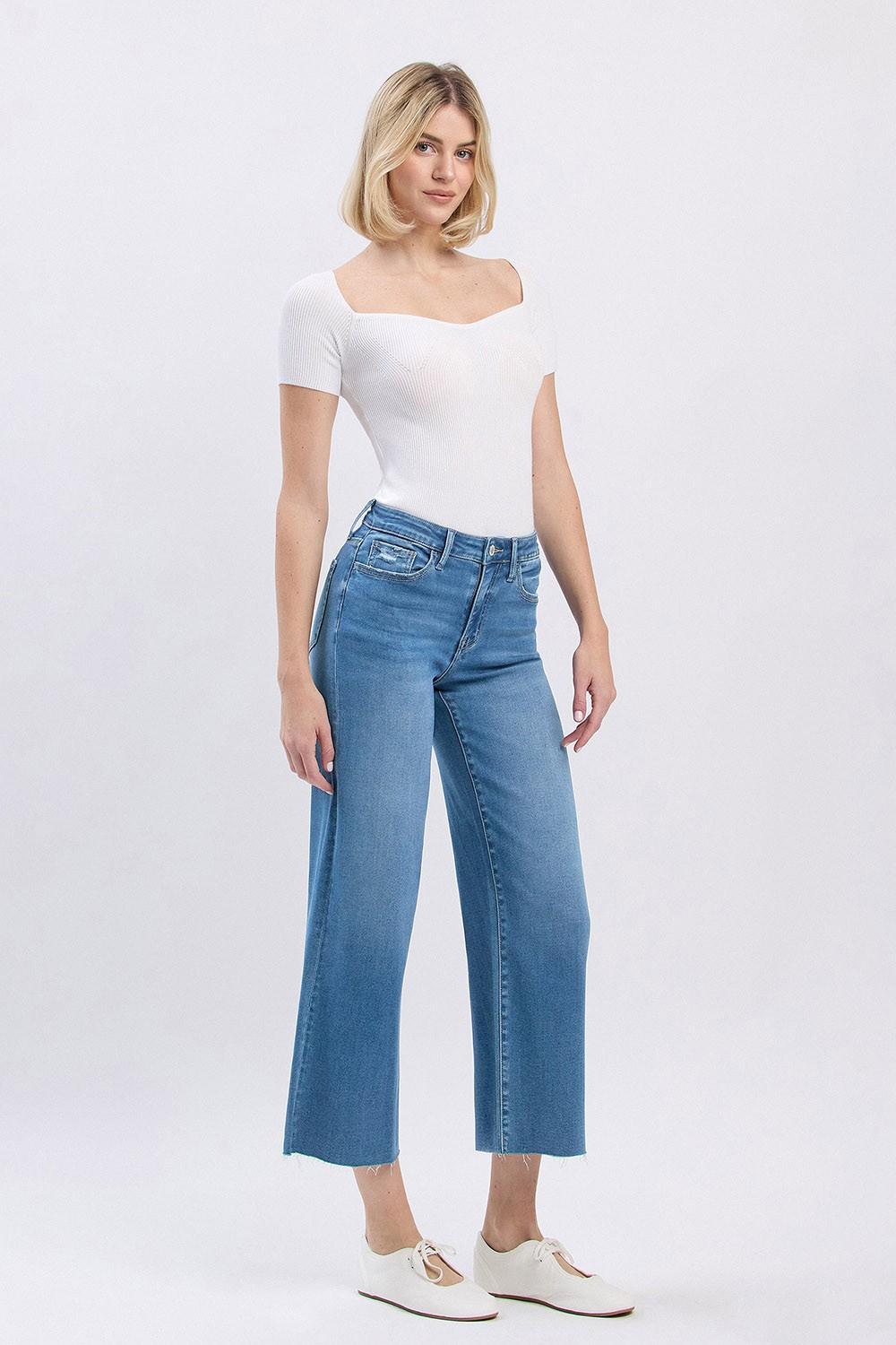 High Rise Clean Cut Raw Hem Crop Slim Wide Jeans