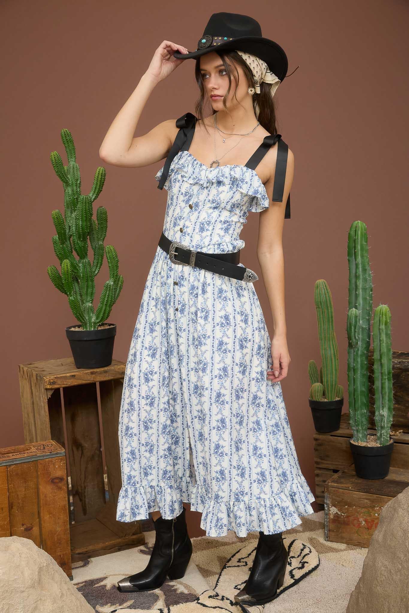Blue Floral Striped Ruffle Midi Dress