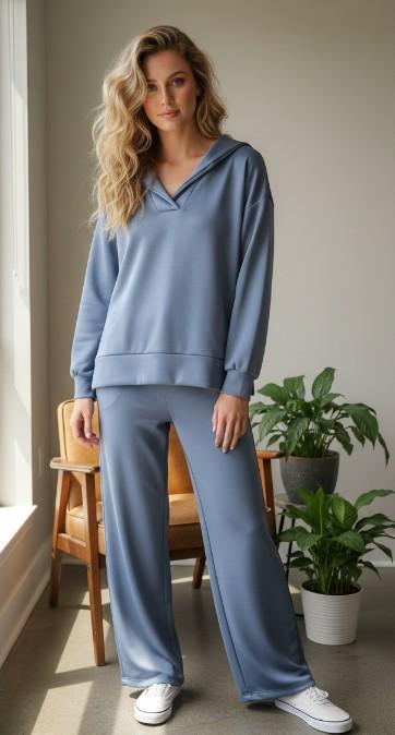 Navy Soft Cupro Pullover And Wide Leg Pants Set