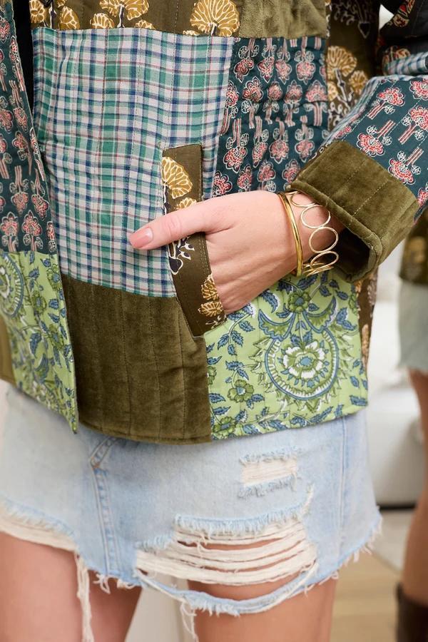 Meadow Folk Quilted Jacket with Patchwork in Dusty Green