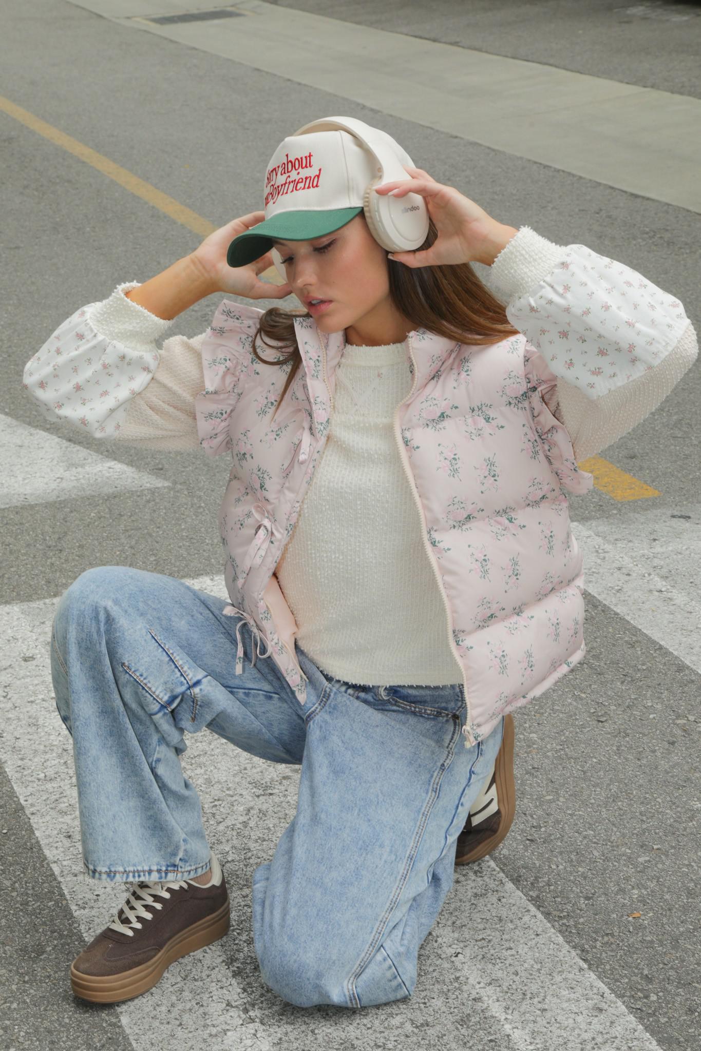 Pink Floral Bow Ruffle Sleeve Puffer Vest