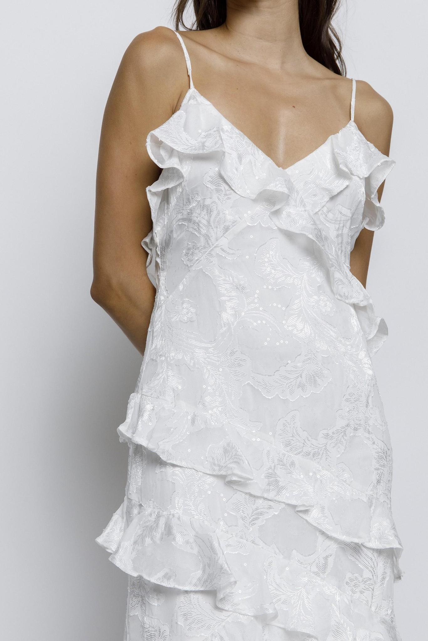White Beads Embossed Print Ruffled Slip Dress