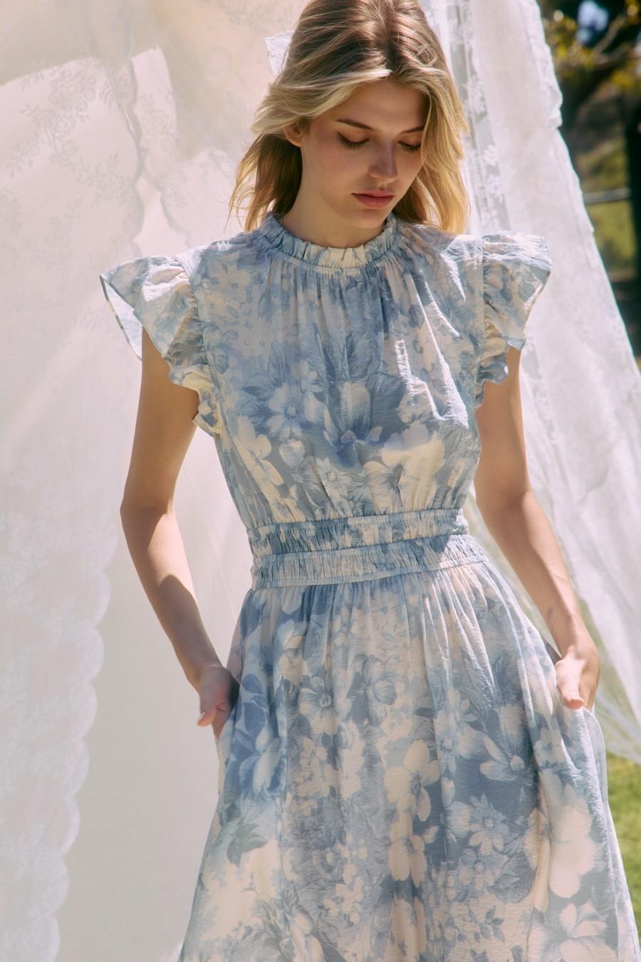 Sky Blue Floral Tiered Midi Dress