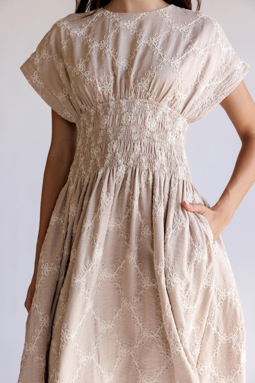 Beige/Ivory Embroidered Smocked Midi Dress