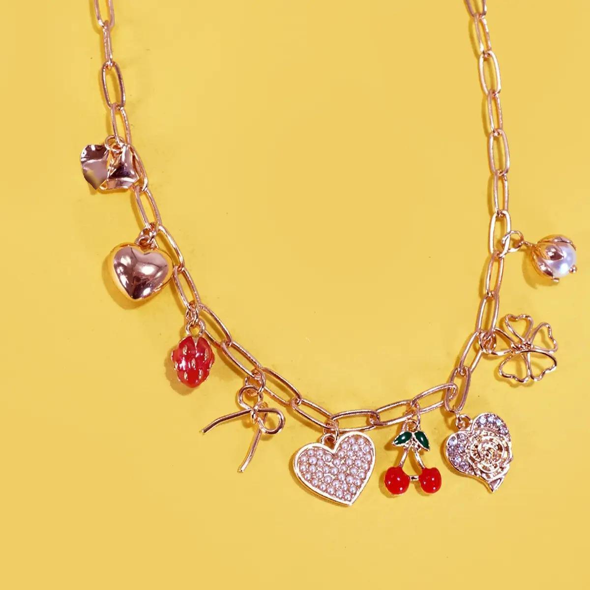 Multi Charm Bow Cherry Heart Necklace