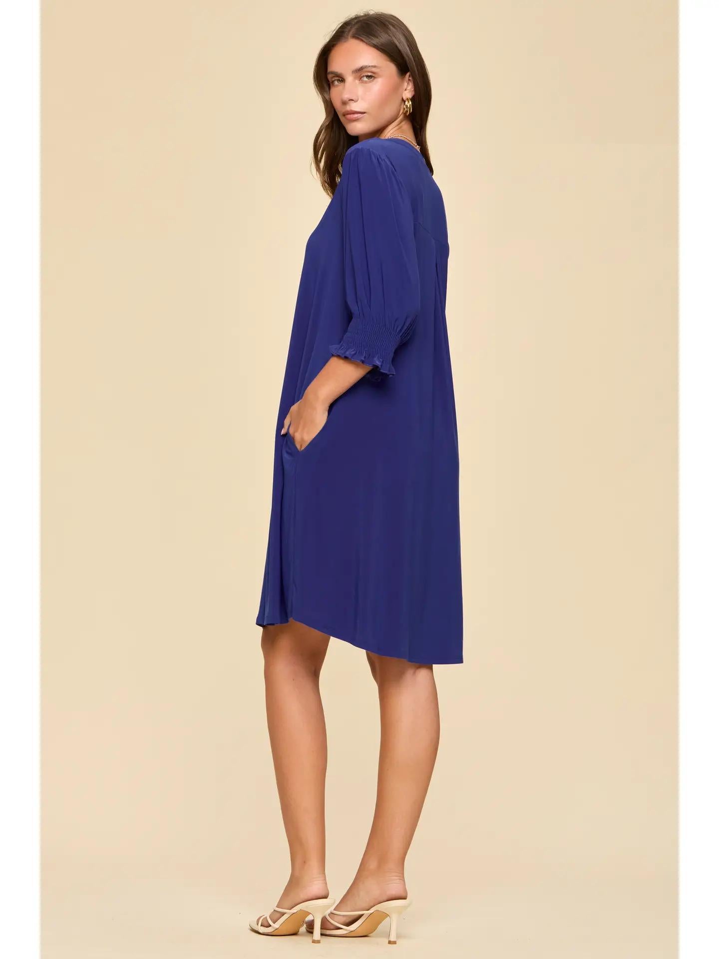 Royal Blue Smocked Sleeve Lizzy Collar Shirt Dress