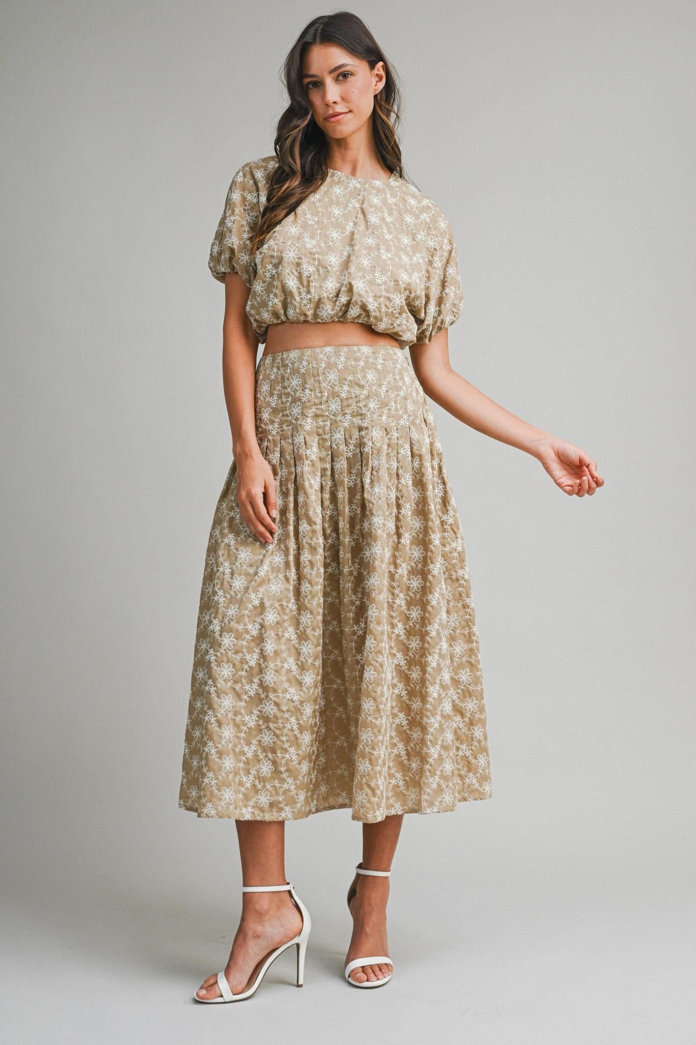 Embroidered Puff Crop Top And Midi Skirt Set