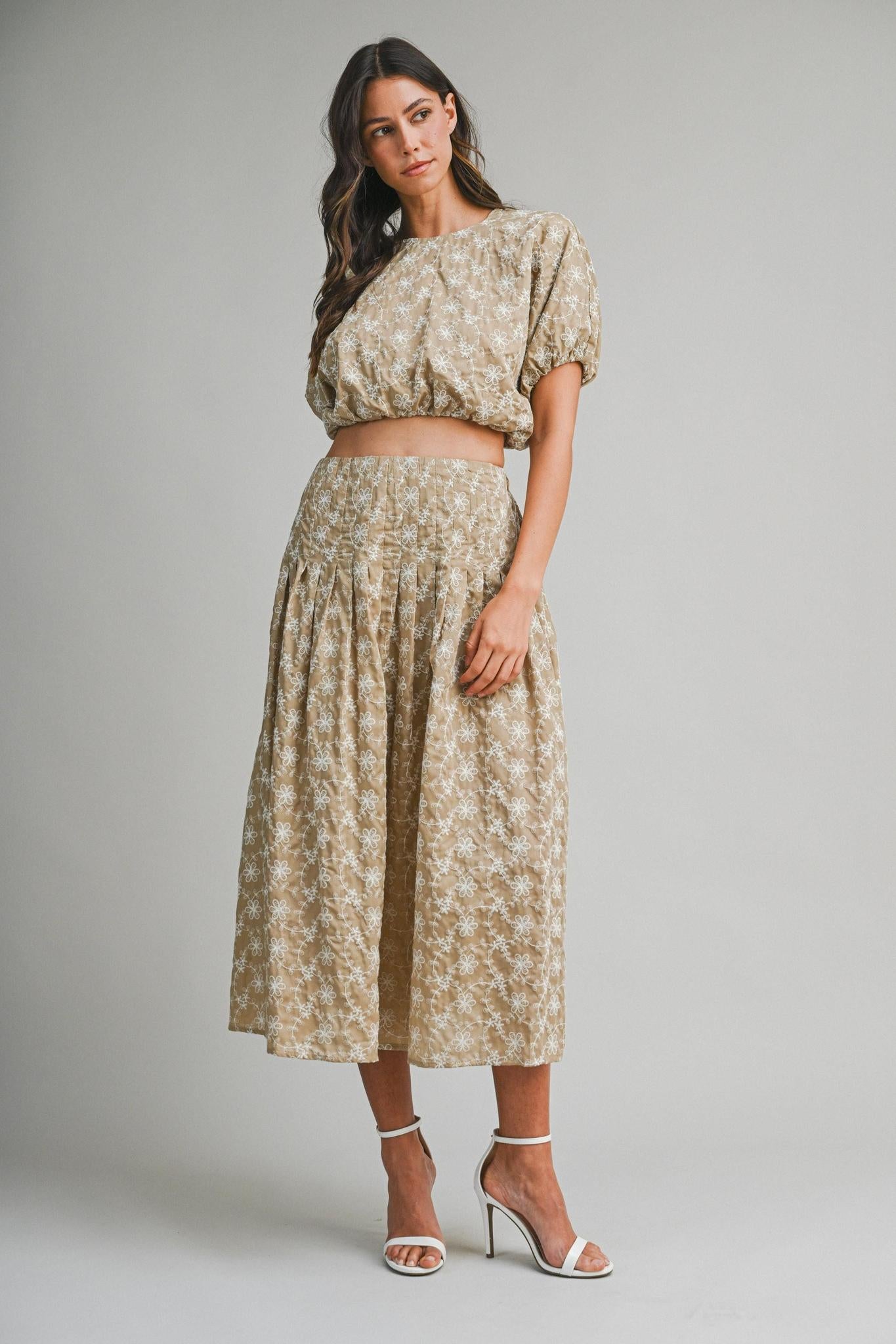 Embroidered Puff Crop Top And Midi Skirt Set