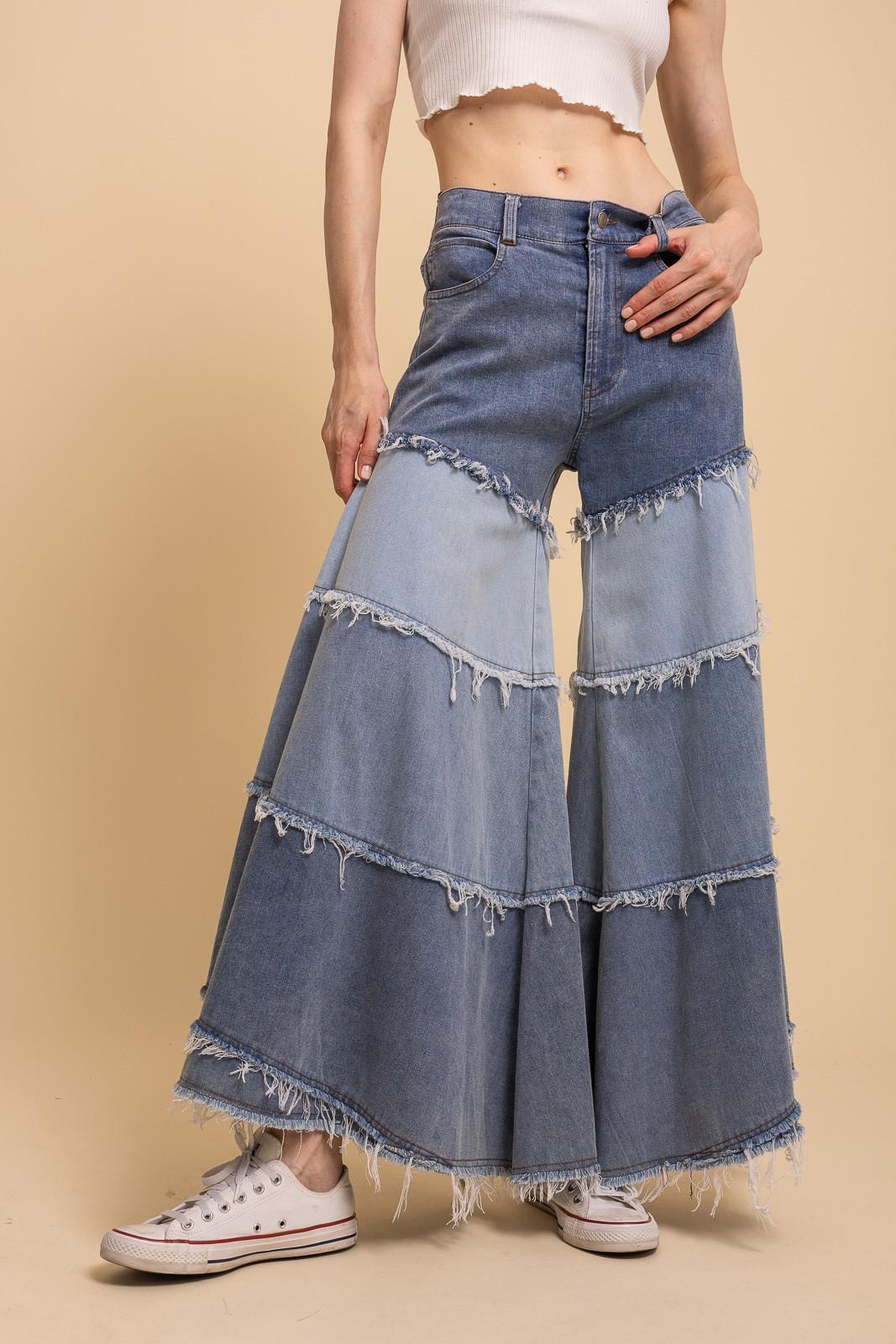 Tiered Contrast Denim Wide Leg Pants