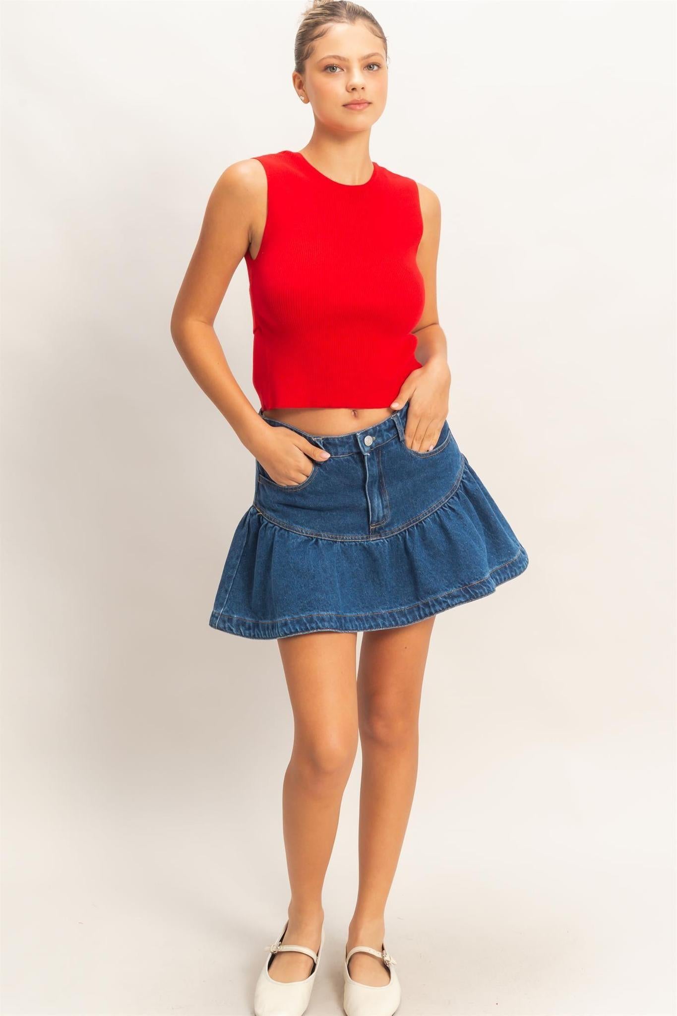 Ribbed Crew Neck Sleeveless Open Back Top
