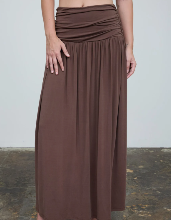 BROWN WIDE GATHERED WAISTBAND KNIT MAXI SKIRT