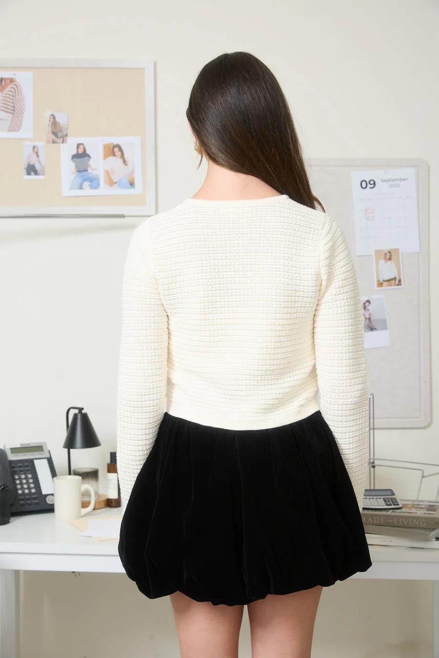 Velvet Front Bow Tie Ribbed Cardigan Sweater