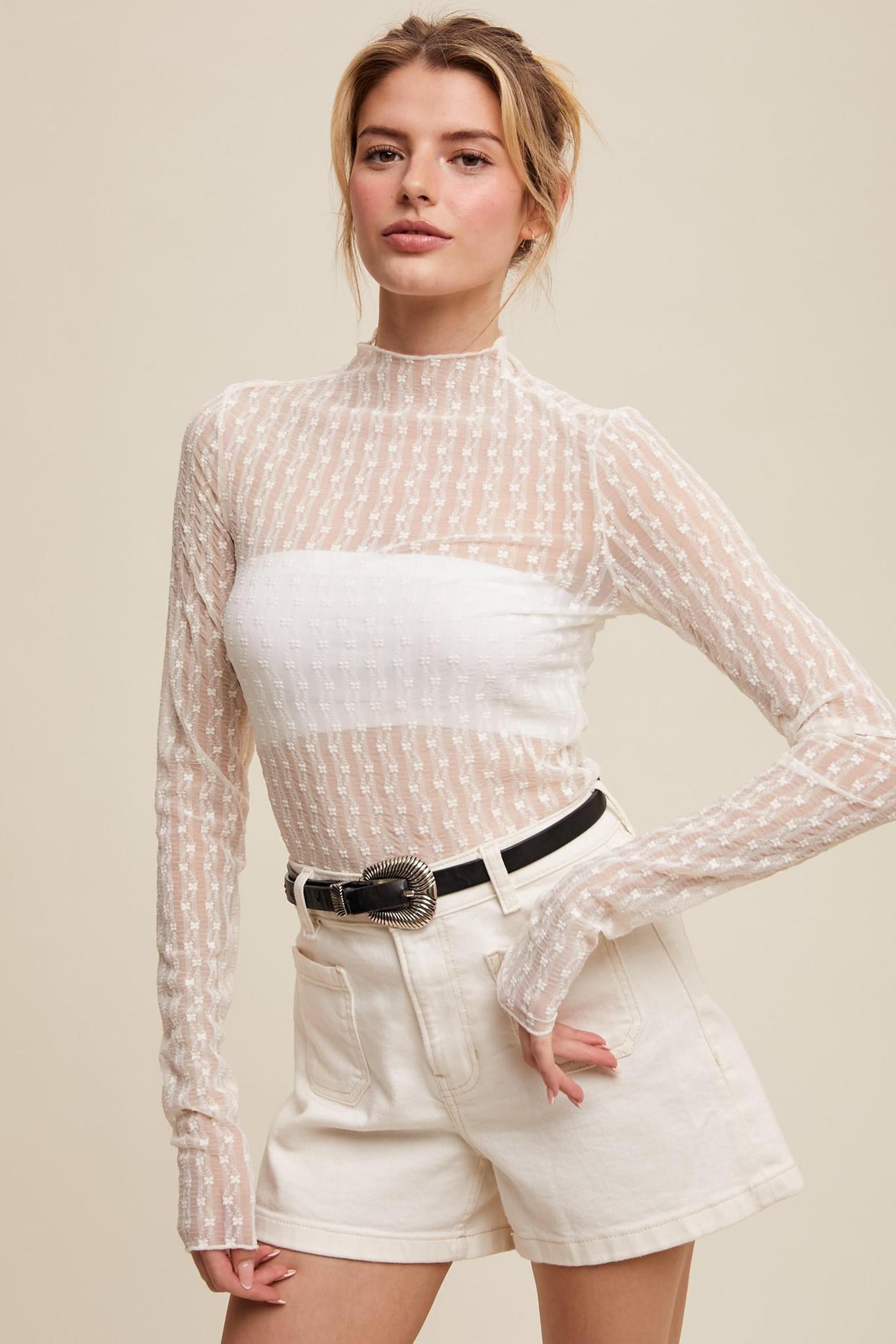 Sheer Textured Lace Long-sleeve Top