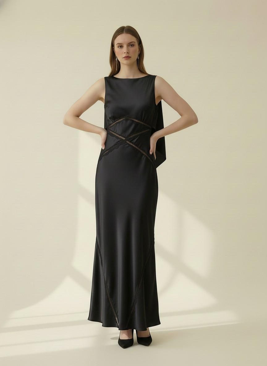 Satin Back Tie Draped Detail Sleeveless Maxi Dress