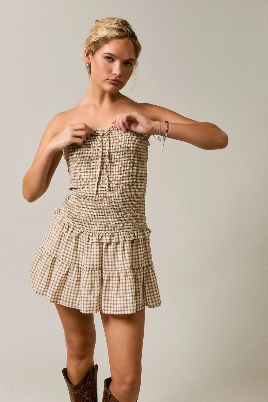 Smocked Gingham Bodice Low Waist Tube Dress