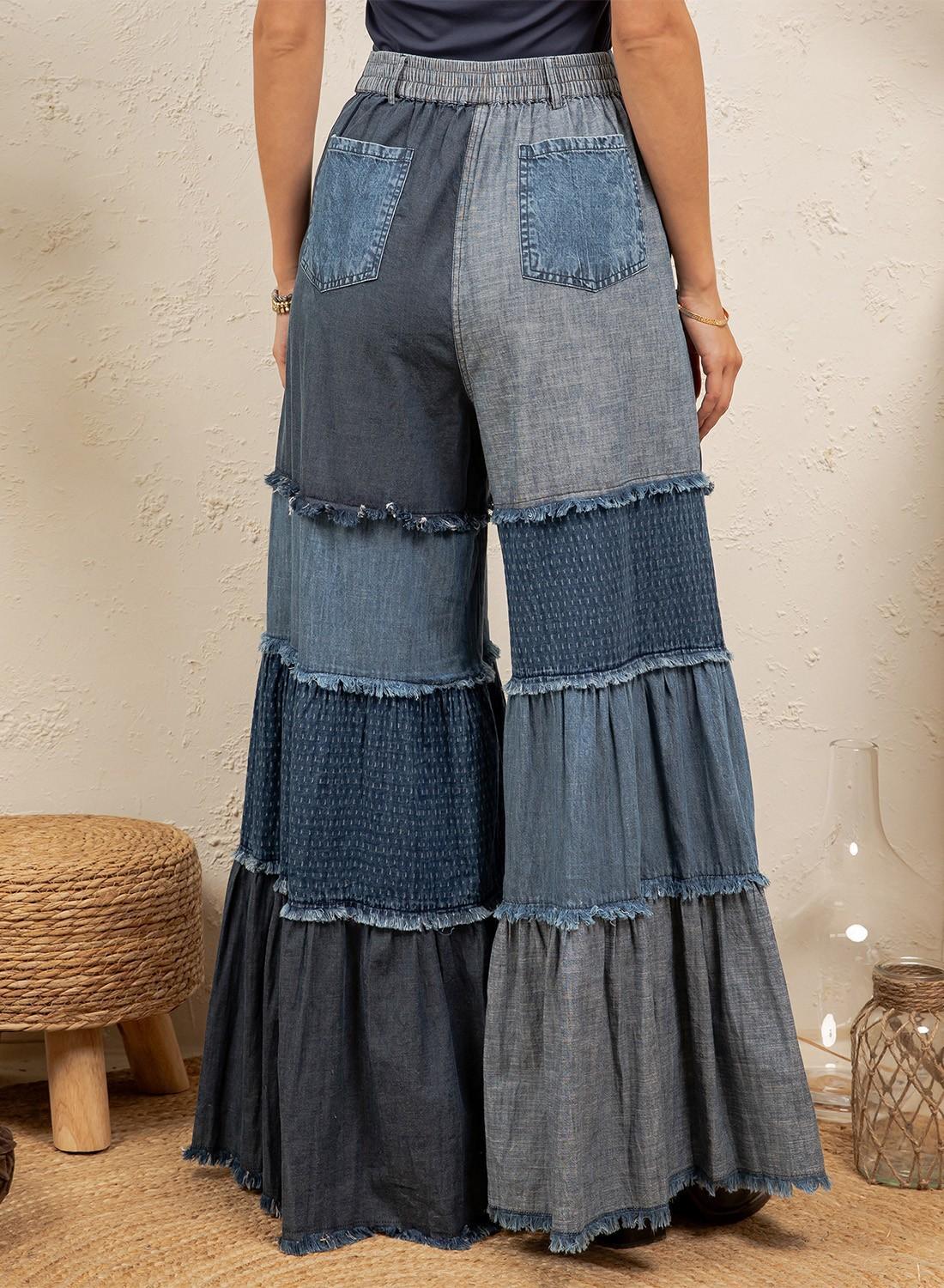 Boho Mixed-wash Multi-tier Denim Tie-waist Bell-bottom Pant