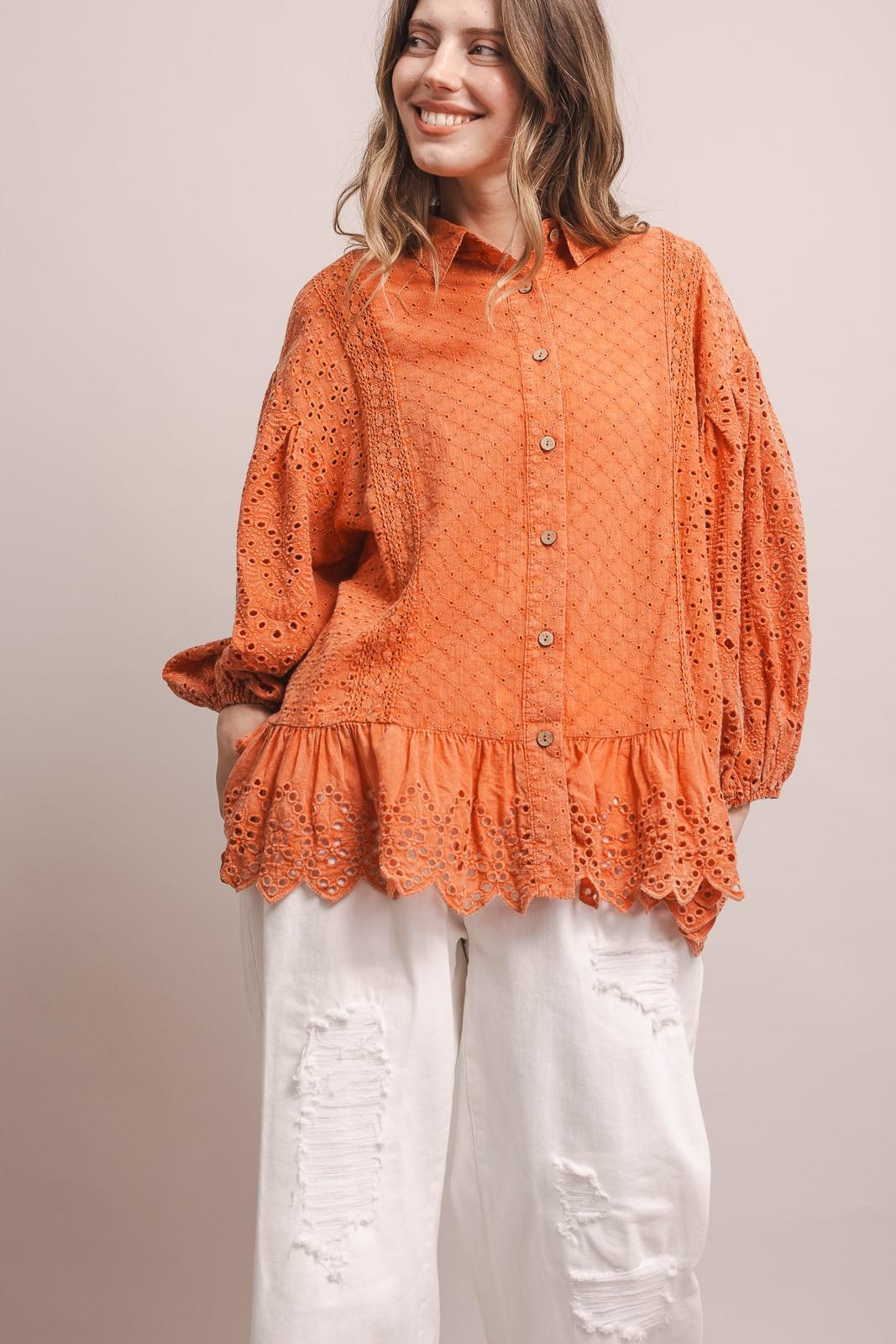 Coral 3/4 Sleeve Balloon Sleeve Eyelet Ruffle Blouse