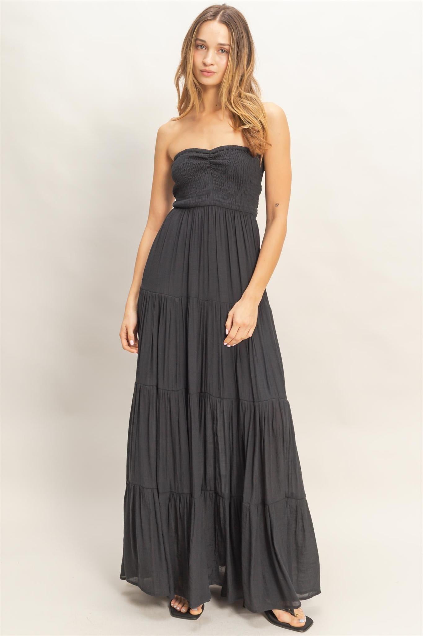 Black Smocked Elastic Neck Maxi Dress