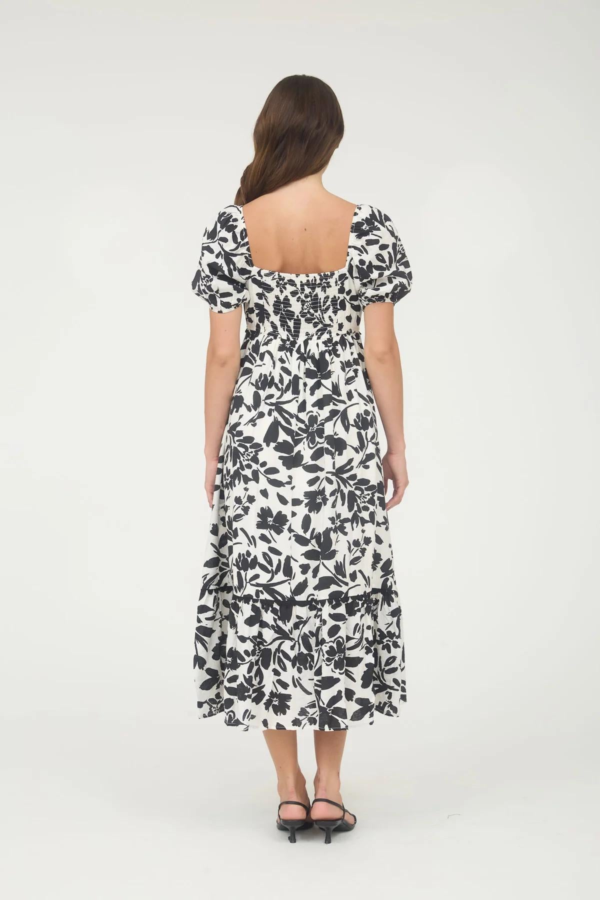 Black Floral Scallop Puff Midi Dress