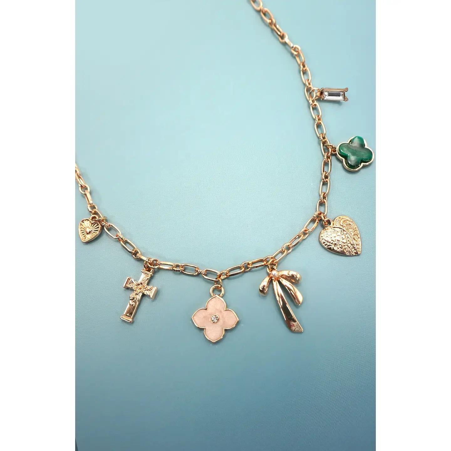 Charm Necklace-Green Clover Bow Cross Heart