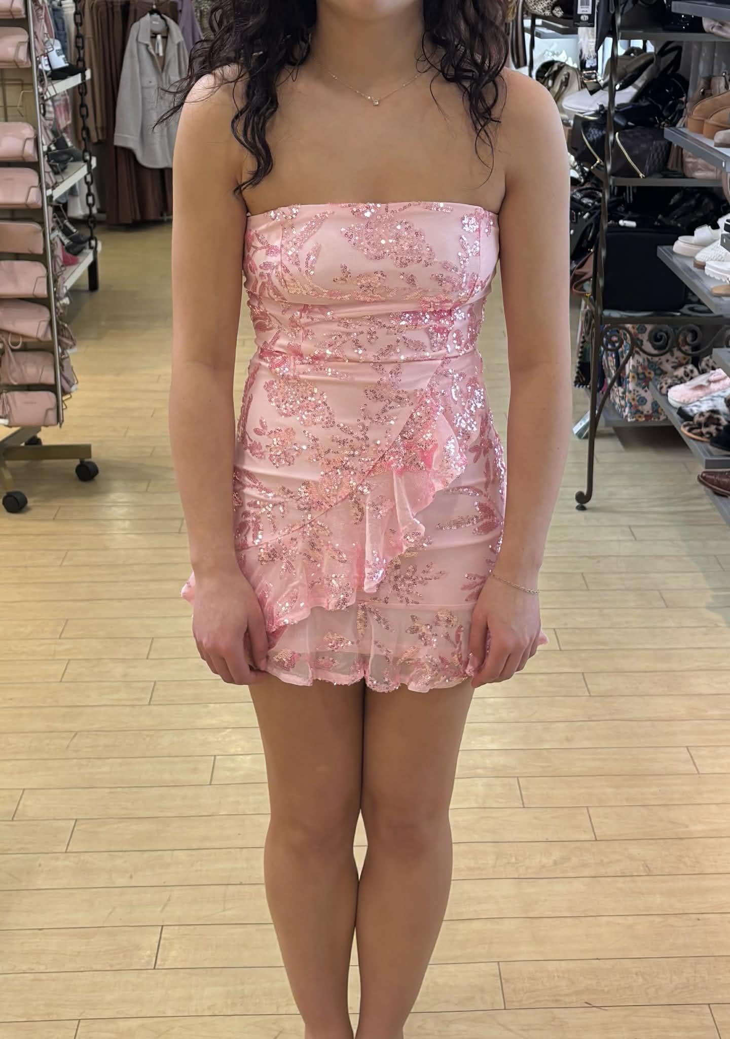 Pink Sequin Ruffle Detail Mini Dress