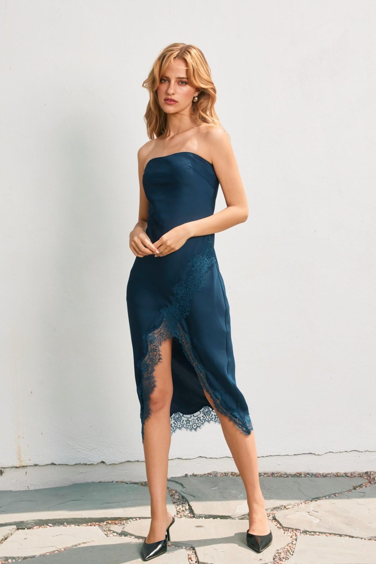 Emerald Blue Satin Strapless Lace Hem Midi Dress