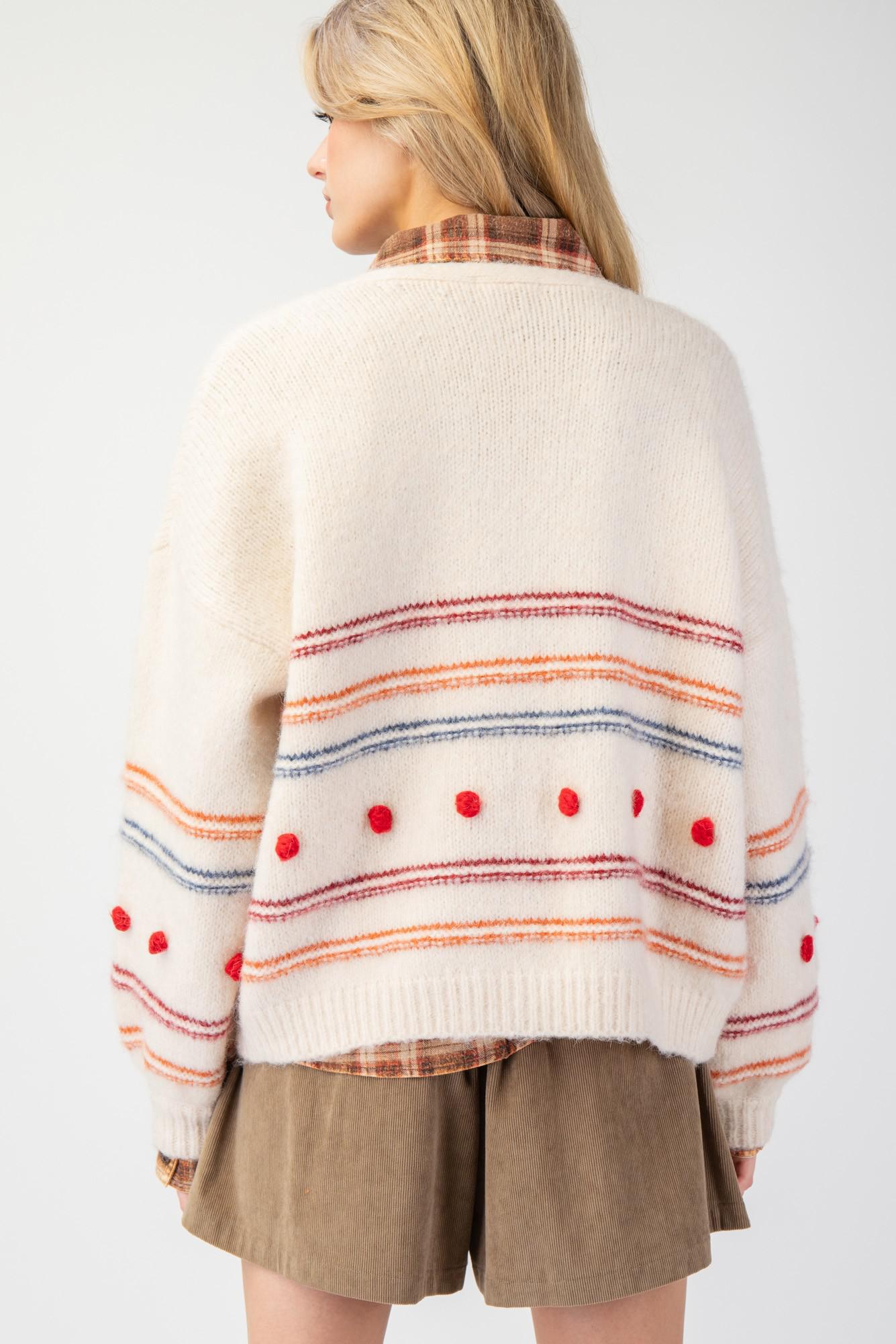 Pompom Stripe Knit Sweater Cardigan